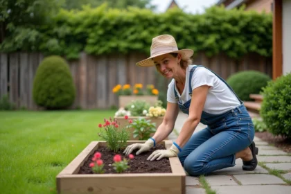 Jardin en été avec plantes et piscine aménagée