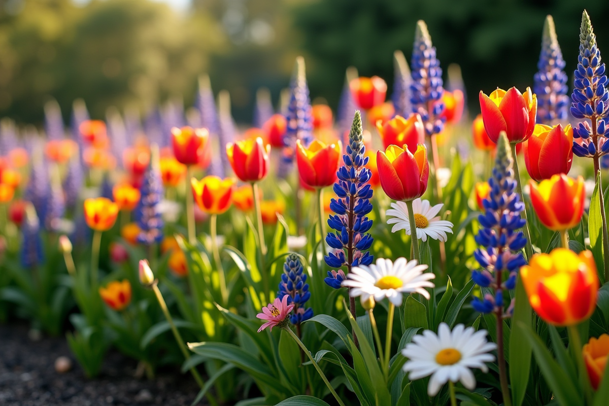 Massif de fleurs colorées dans un jardin bien aménagé