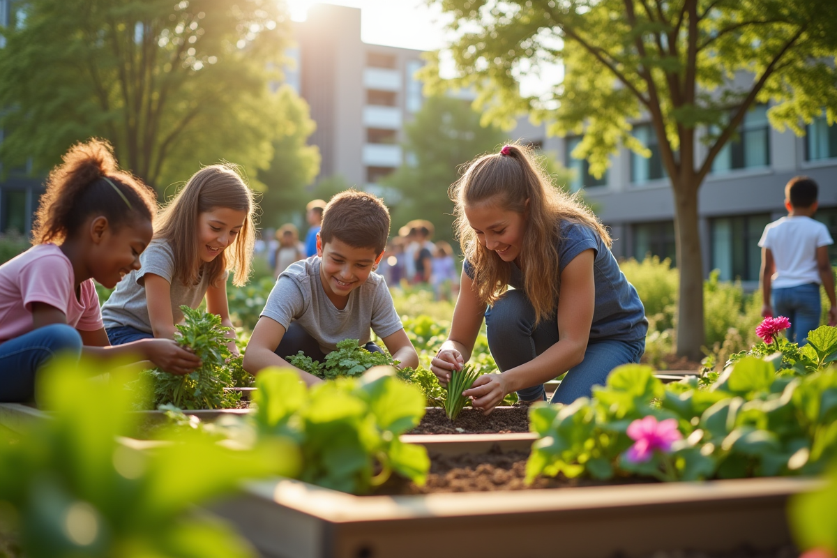 Jardin pédagogique avec élèves apprenant en plein air en 2025