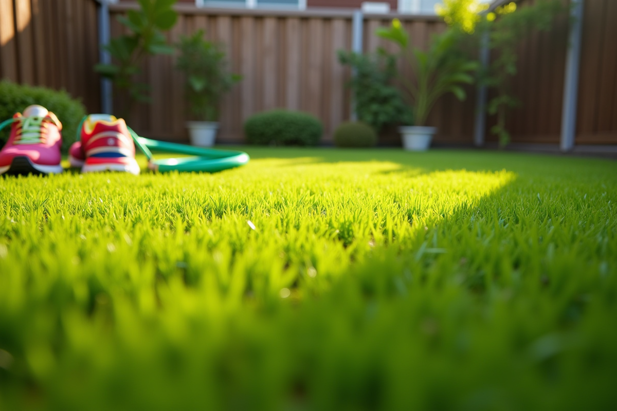 Gazon synthétique dense et vert en plein soleil après quinze ans