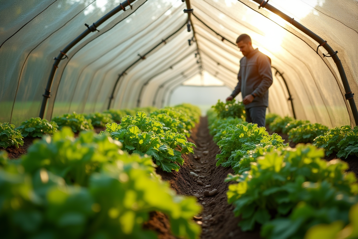 Filet anti-insectes protégeant des cultures dans un potager