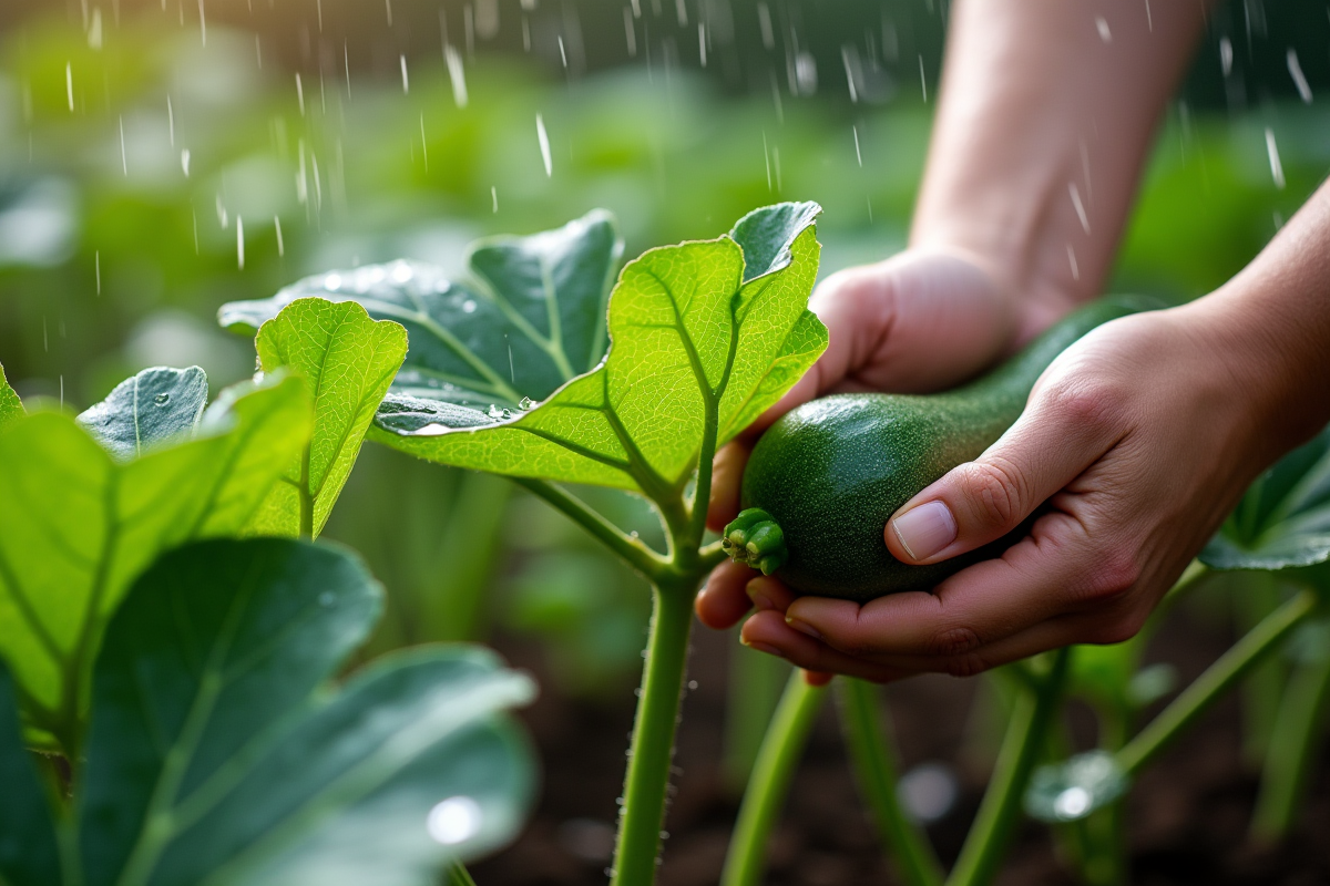 Courgettes exposées aux effets de la pluie dans un potager