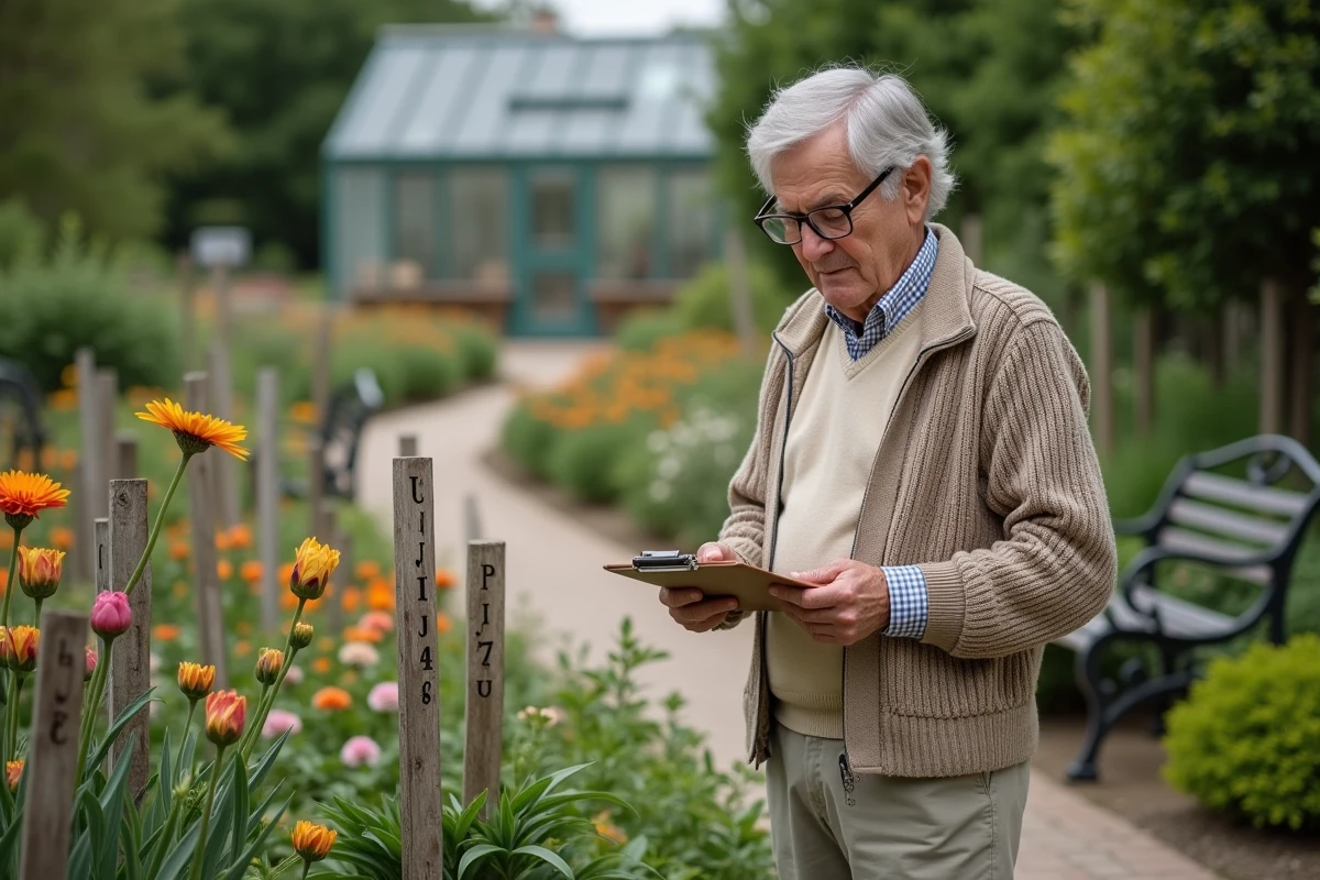 Homme âgé vérifie des fleurs dans un jardin botanique