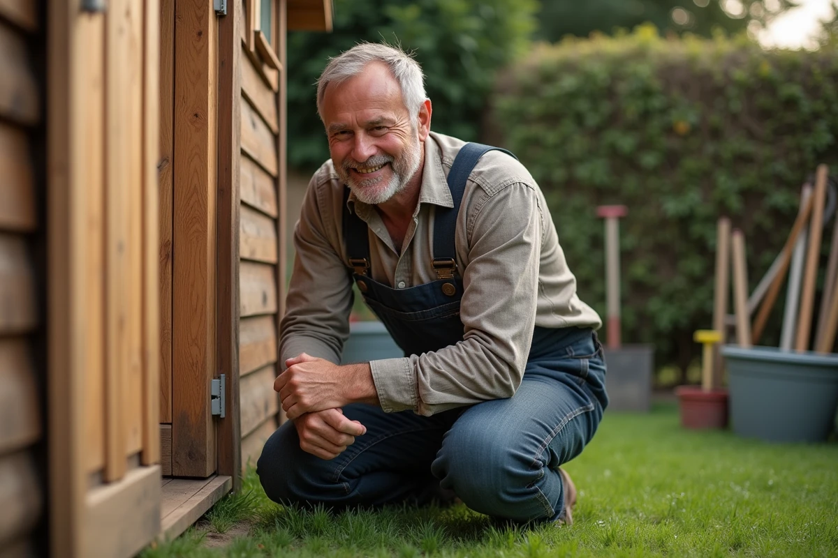 Homme en salopette examine un abri de jardin en bois