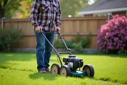 Homme d'âge moyen poussant une scarificateuse dans un jardin verdoyant