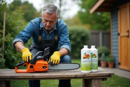 Homme en vêtements de travail examine une tronçonneuse électrique dans un jardin