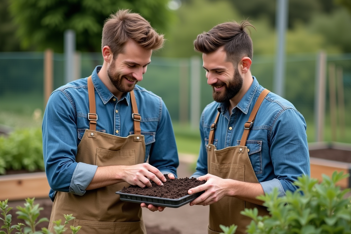 Deux hommes dans un jardin communautaire inspectant des graines