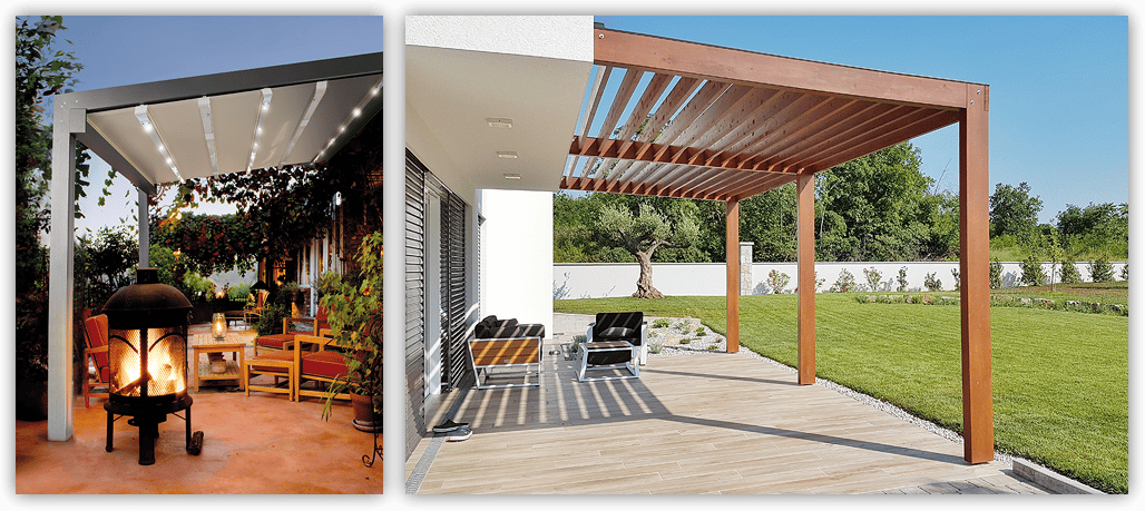 Pergola en bois dans un jardin ensoleillé avec mobilier extérieur