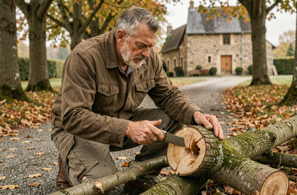 Élagueur expérimenté en Corrèze inspectant une branche coupée pour détecter une maladie sur arbre