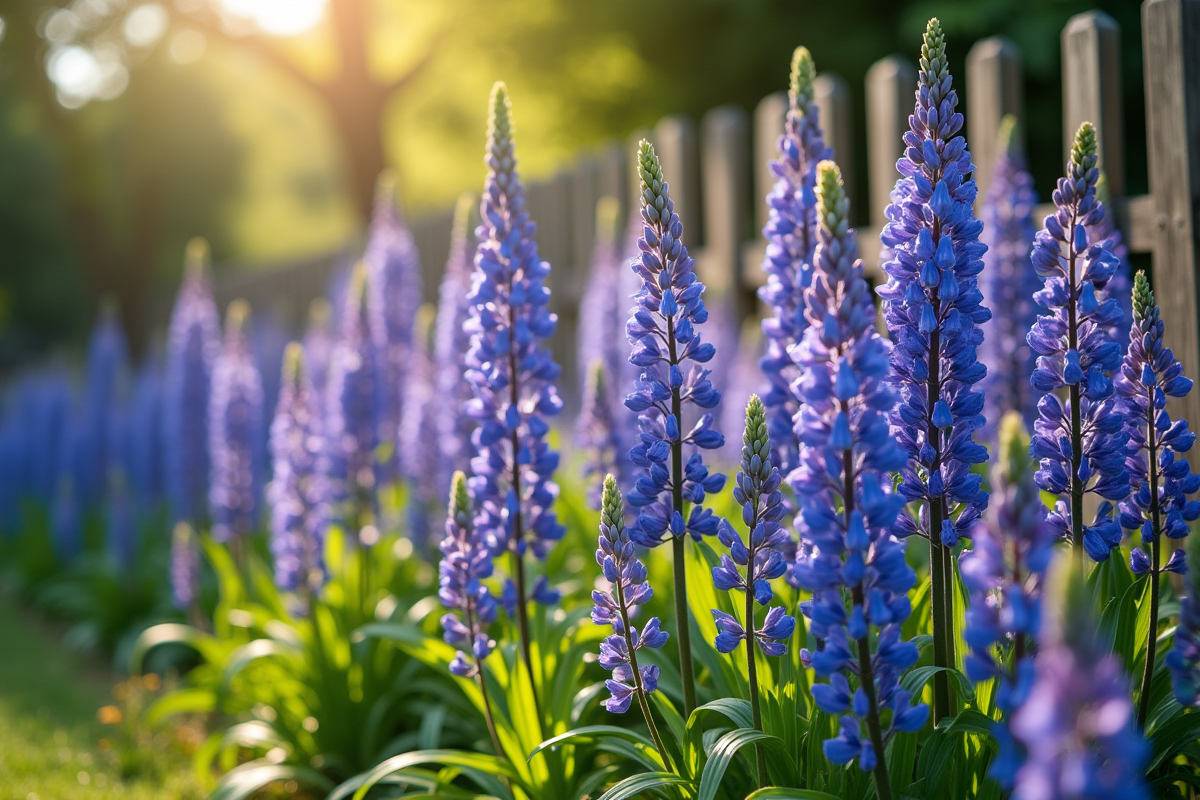 Jardin coloré avec des delphiniums bleus et violets en pleine floraison