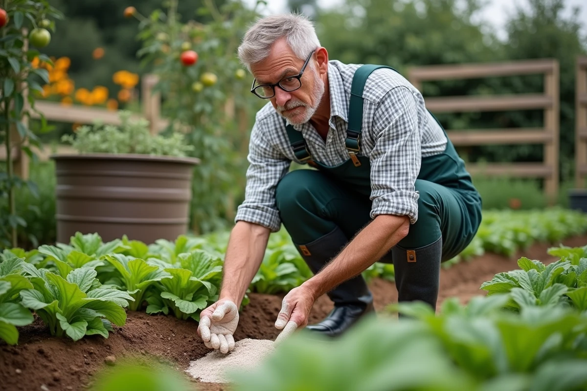 Homme en tenue de jardinage appliquant de la chaux dans un potager