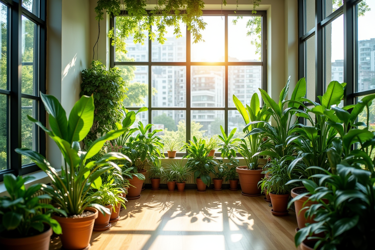Jardin intérieur urbain avec plantes vertes et lumière naturelle