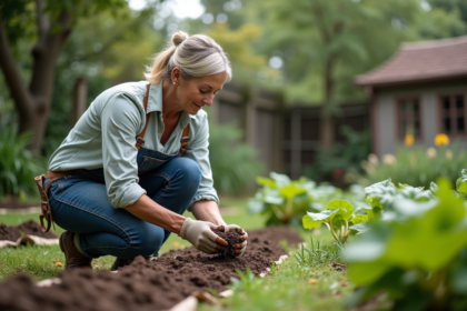 Femme en jardinage examine la terre riche dans son jardin