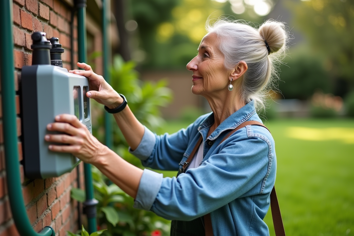 Femme inspectant un panneau d'irrigation dans le jardin