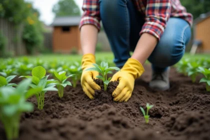 Femme jardiniere plantant des jeunes haricots dans son jardin