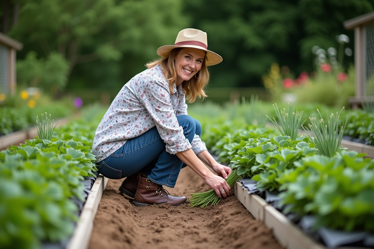 Femme d'âge moyen plantant du cerfeuil dans un jardin