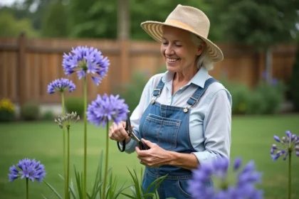 Femme en salopette prune des agapanthus dans un jardin