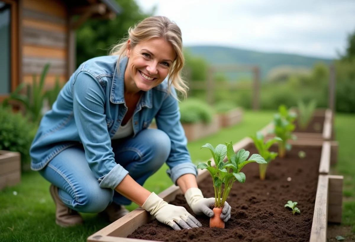 Femme souriante plantant une patate douce dans le jardin