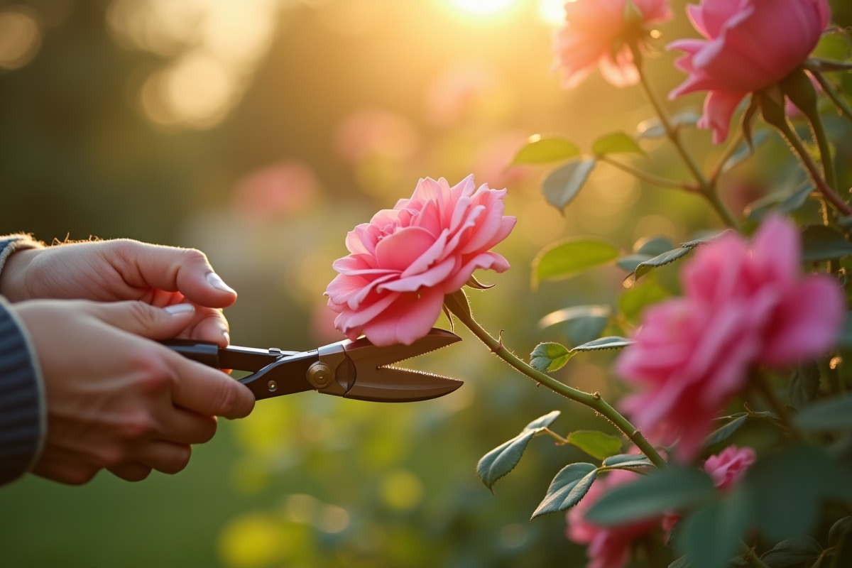 Mains de jardinier taillant une rose en plein soleil