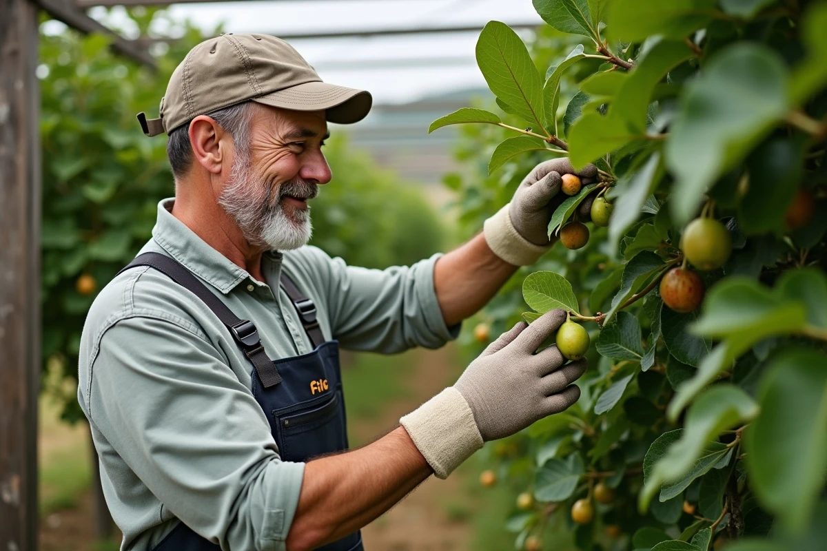Homme jardinier inspectant un figuier mature dans un verger