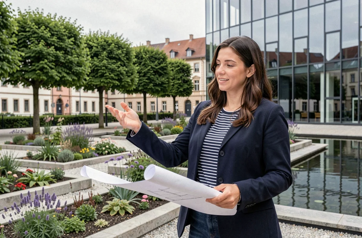 Conceptrice paysagiste des Jardins de Gally à Strasbourg présentant un plan de jardin devant un aménagement urbain contemporain