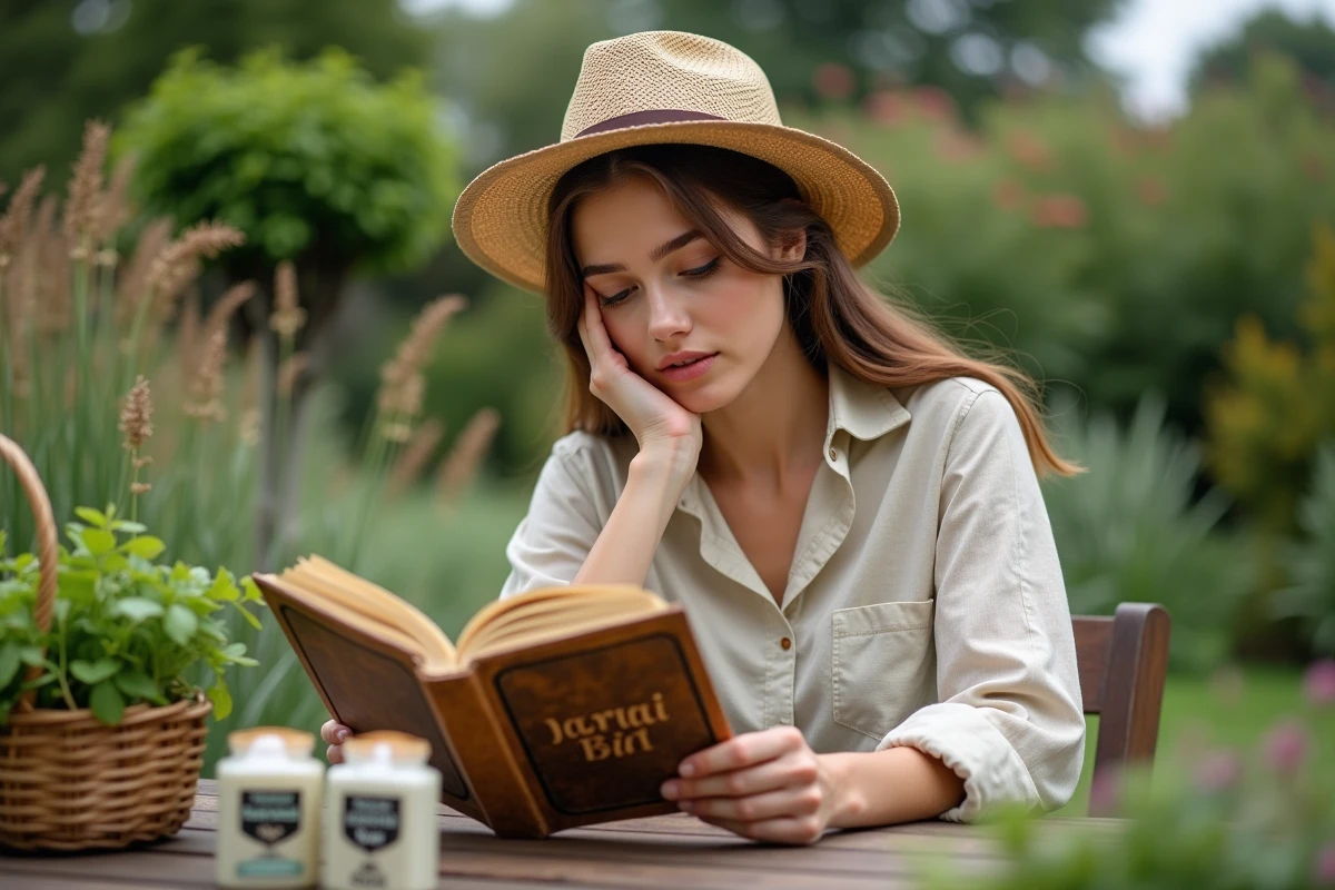 Jeune femme lisant un livre de jardinage bio en extérieur