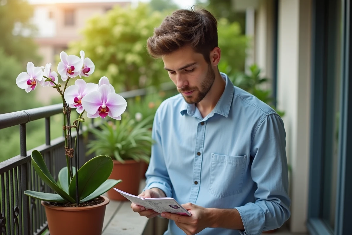 Jeune homme inspectant une orchidée sur un balcon ensoleille