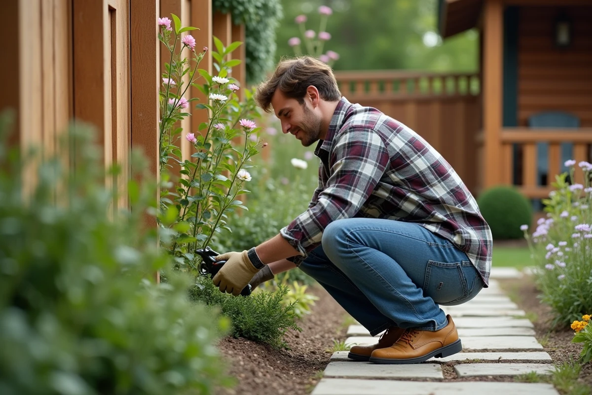 Jeune homme en chemise à carreaux prune taillant des fleurs