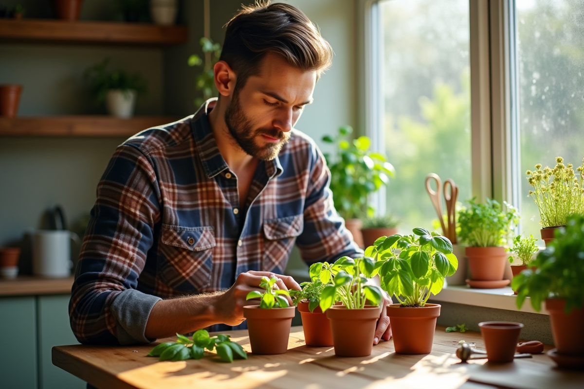 Jeune homme transplantant des plants de basilic dans la cuisine