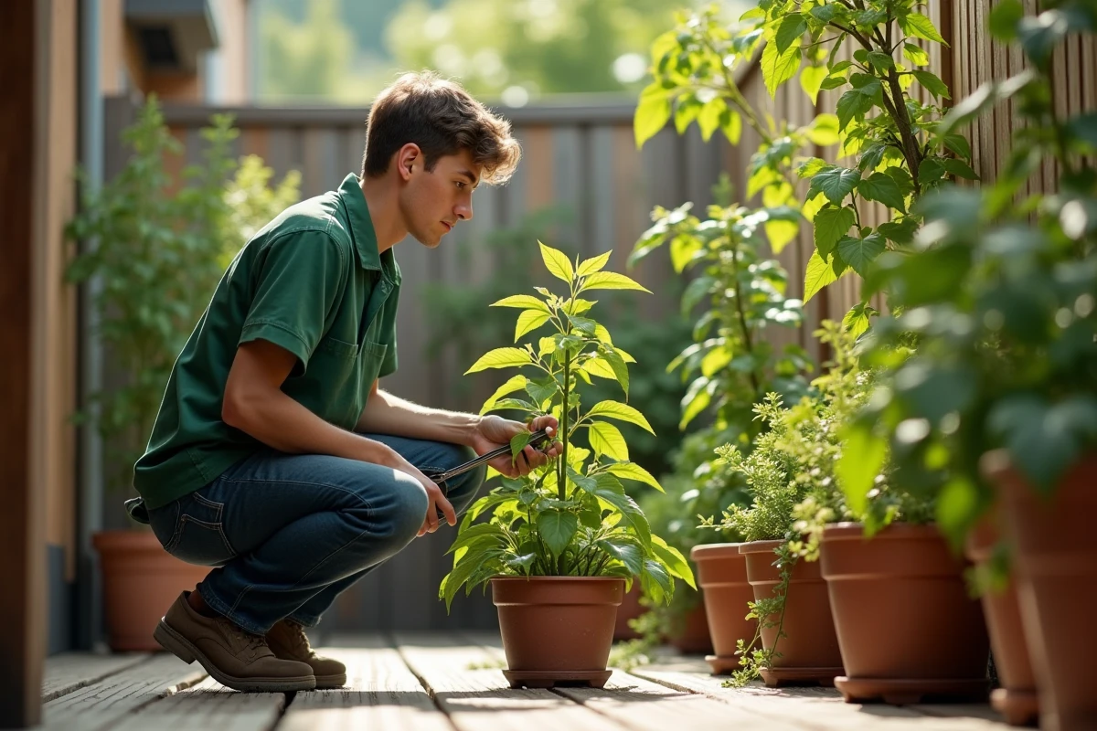 Jeune homme en chemise verte observant une vigne en pot sur une terrasse
