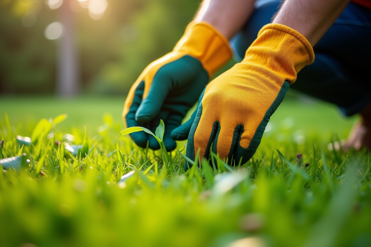 Mains portant des gants de jardinage arrachant des mauvaises herbes