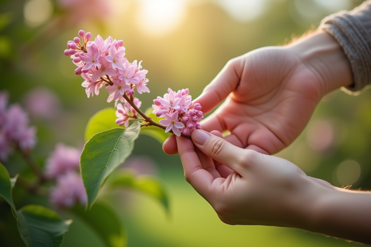 Mains tenant délicatement une branche de lilas en extérieur