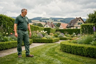 Paysagiste professionnel inspectant un jardin soigné dans le Grand Est avec des maisons alsaciennes en arrière-plan