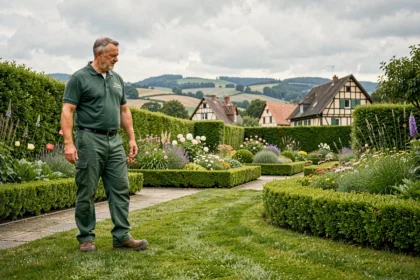 Paysagiste professionnel inspectant un jardin soigné dans le Grand Est avec des maisons alsaciennes en arrière-plan