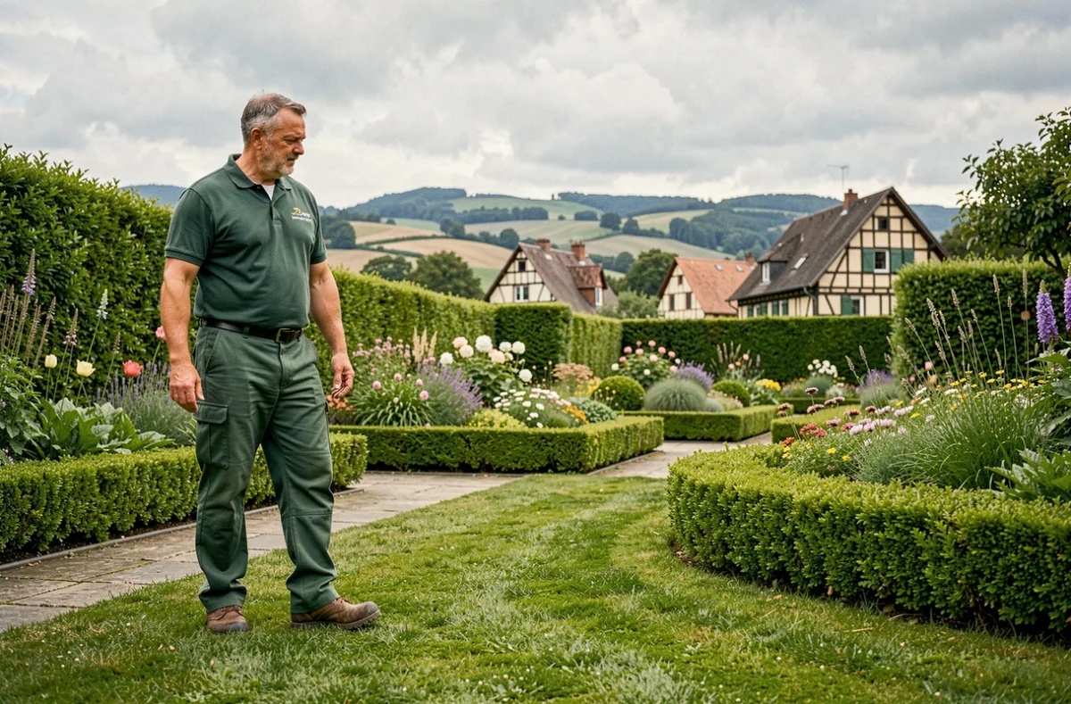 Paysagiste professionnel inspectant un jardin soigné dans le Grand Est avec des maisons alsaciennes en arrière-plan