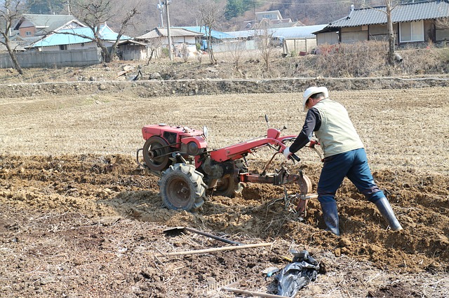 Motoculteur en action pour labourer la terre dans un jardin