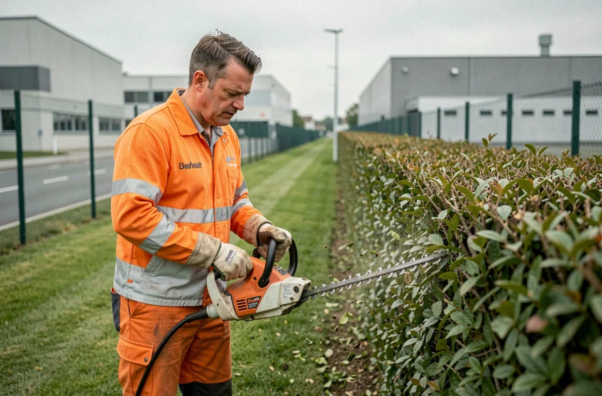 Agent d'entretien Onet Espaces Verts taillant une haie sur le périmètre d'un site industriel en Alsace