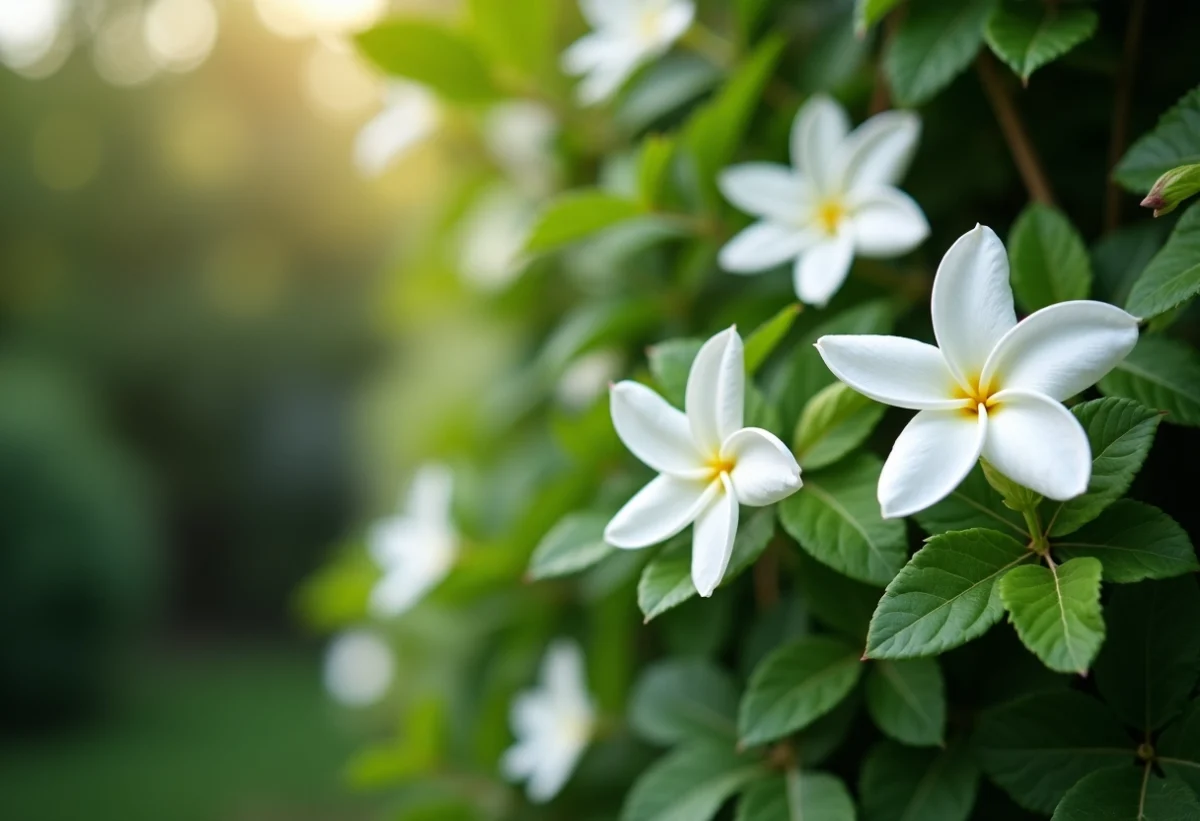 Plante grimpante de jasmin avec feuillage dense dans un jardin verdoyant
