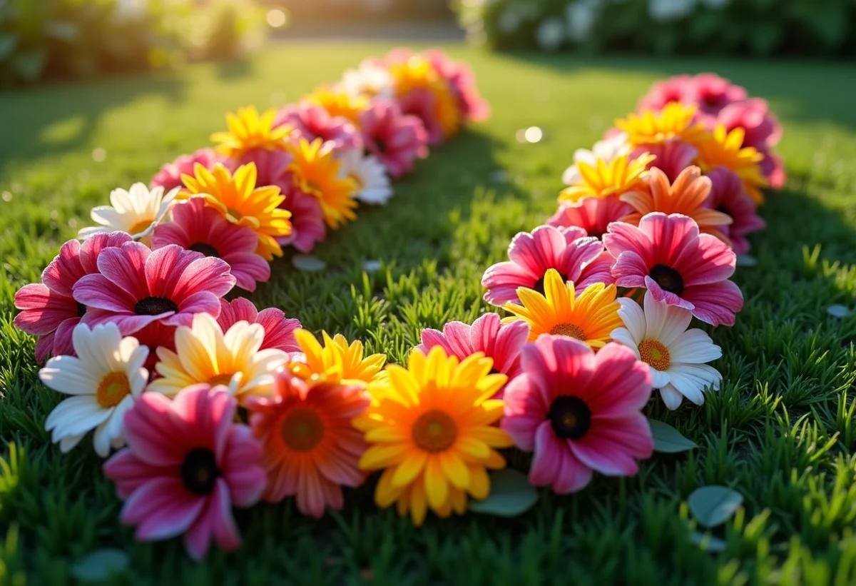 Arrangement de fleurs en forme de U dans un jardin fleuri