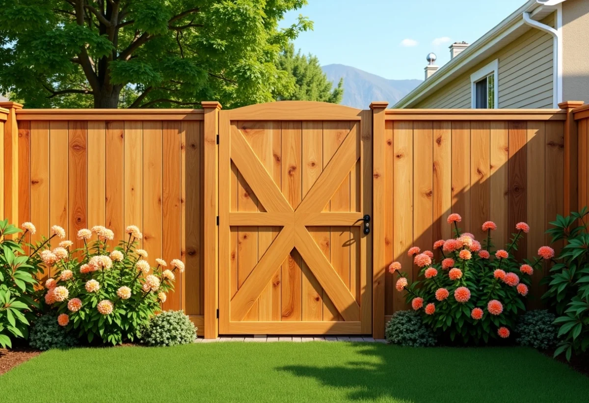 Panneau de clôture en bois dans un jardin verdoyant