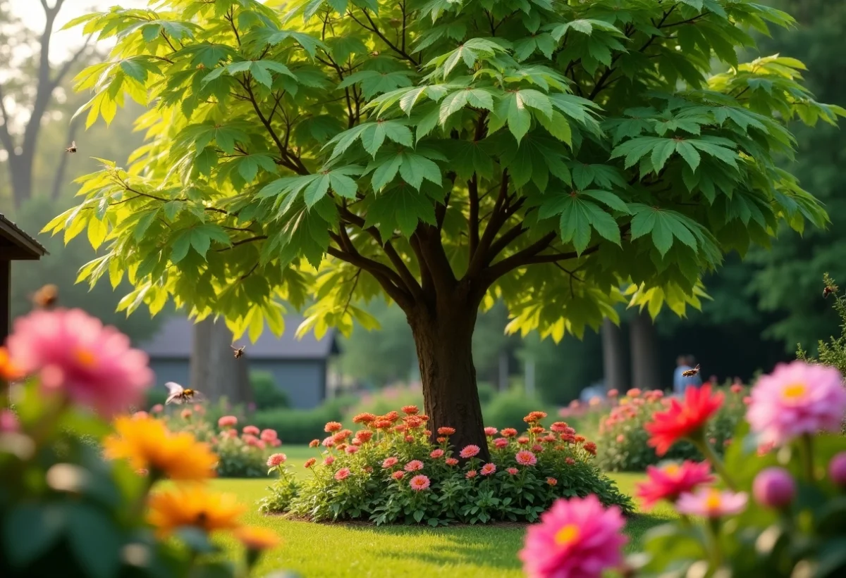 Feuilles en cœur et fleurs blanches du catalpa dans un jardin