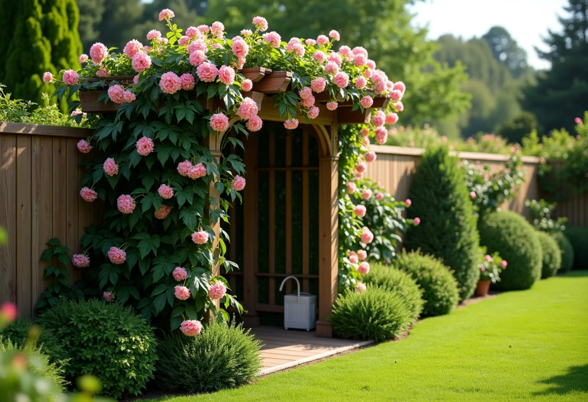 Treillis de jardin décoratif avec plantes grimpantes et clôture en arrière-plan