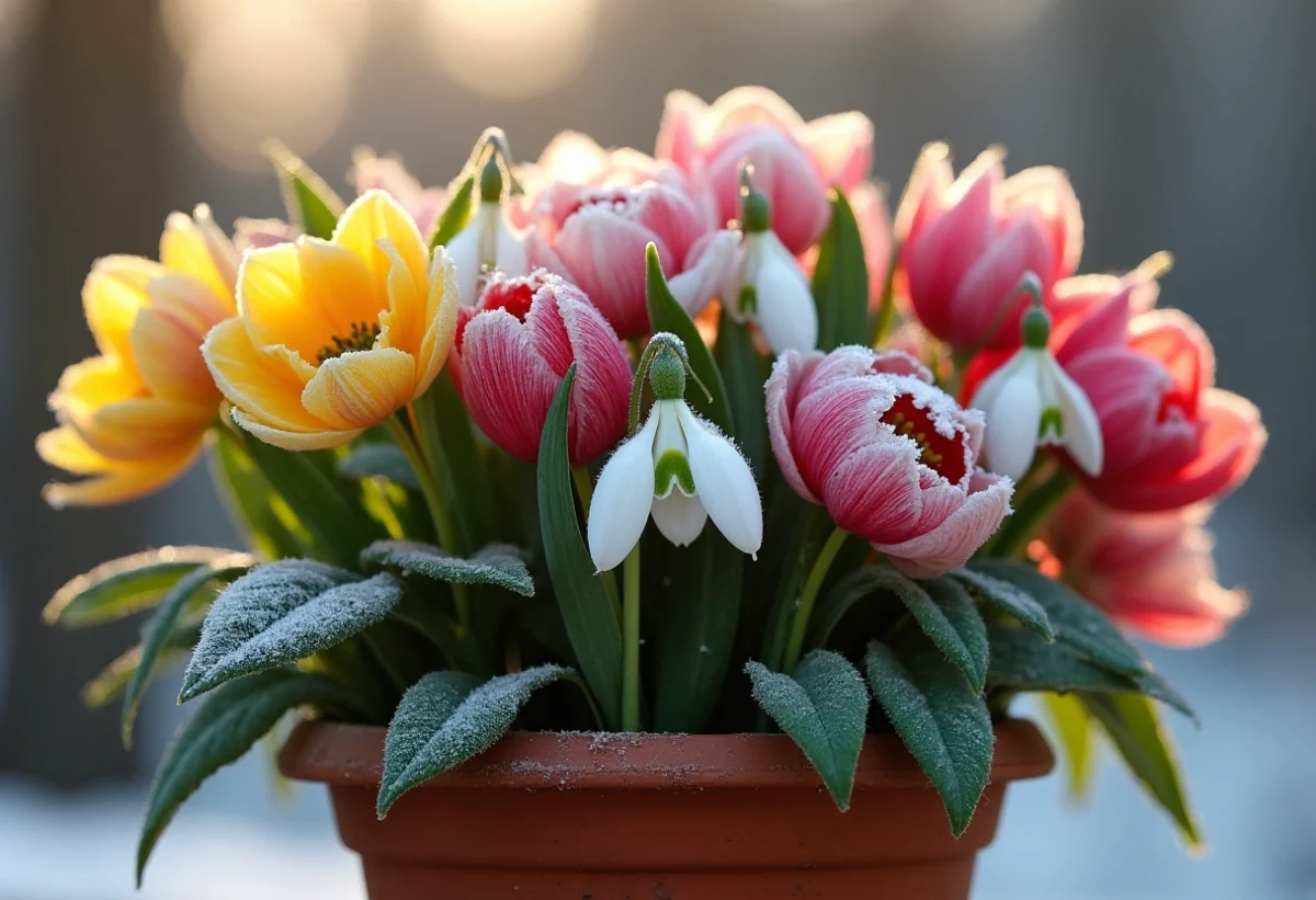 Jardin d'hiver avec fleurs colorées et hellébores en pleine floraison