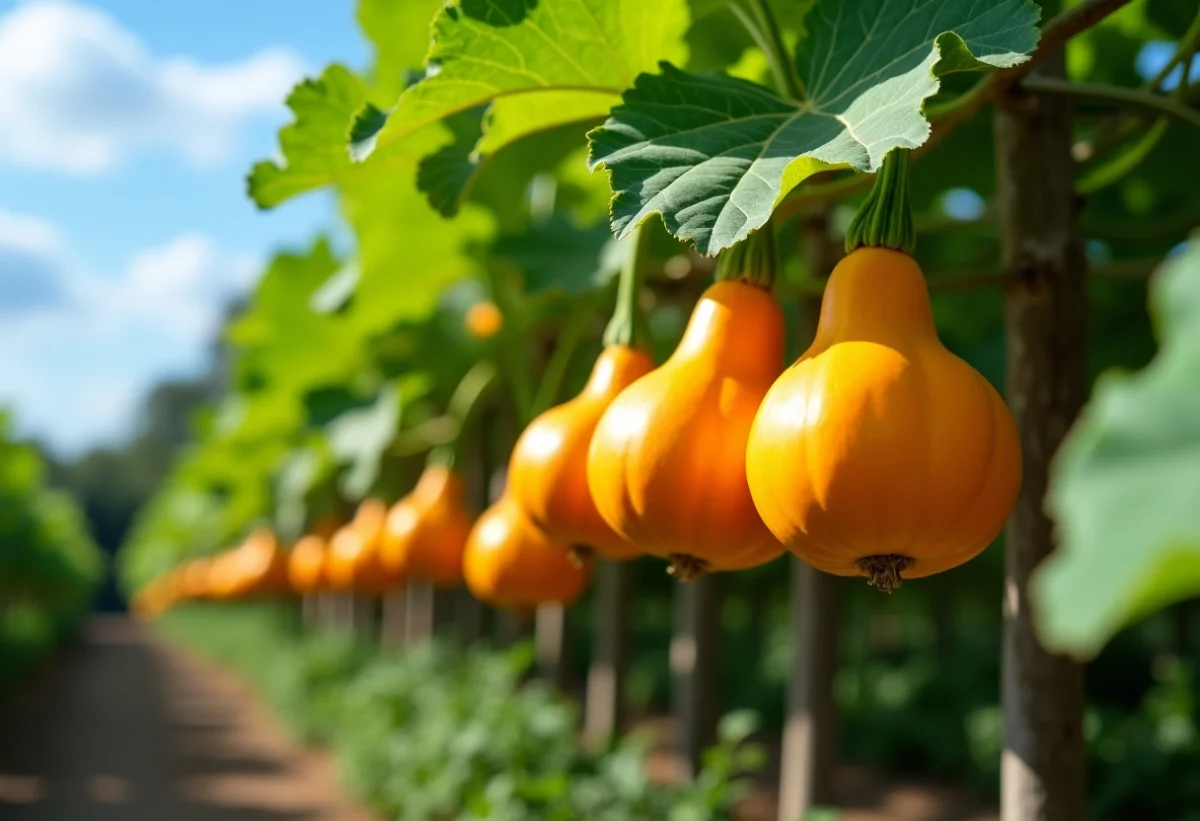 Courges butternut cultivées dans un potager ensoleillé et bien entretenu