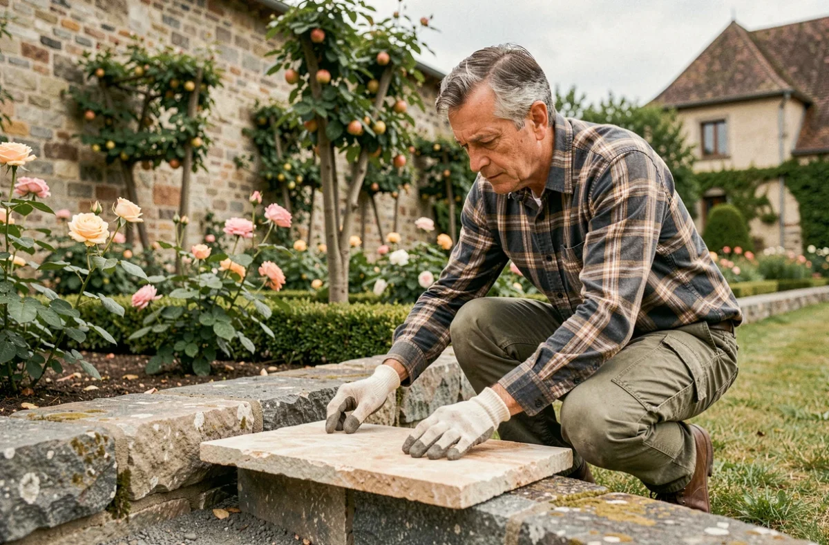 Paysagiste de Parcs et Jardins Bischoff posant un bordure en pierre naturelle dans un jardin patrimonial alsacien