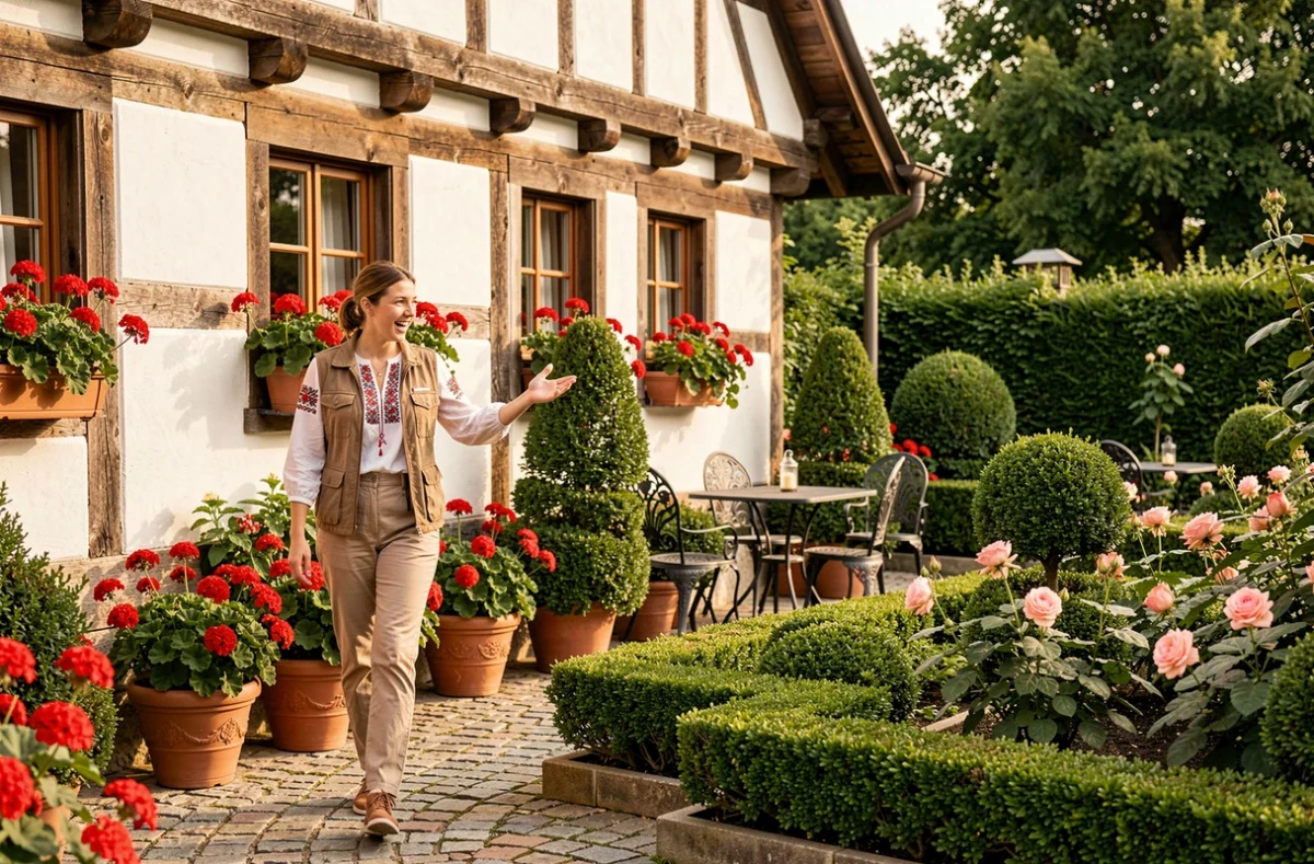 Paysagiste de Paysages d'Alsace présentant un jardin alsacien typique avec géraniums et colombages devant une maison traditionnelle