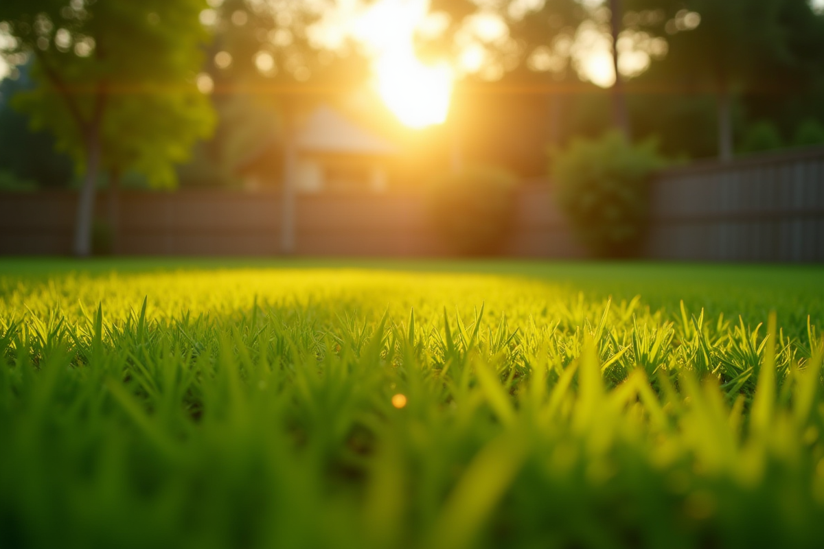 Pelouse fraîchement désherbée sous la lumière dorée du coucher de soleil