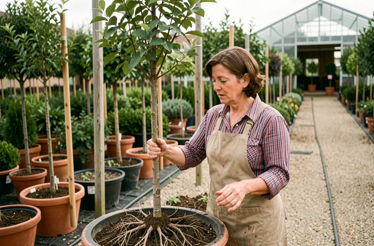 Spécialiste des Pépinières Wadel-Wininger inspectant les racines d'un jeune arbre ornemental dans une pépinière alsacienne