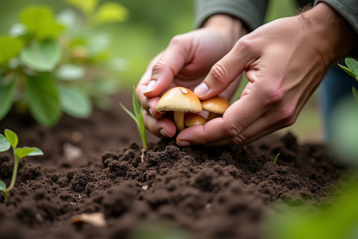 Jardinier plantant des spores de chanterelle dans le sol