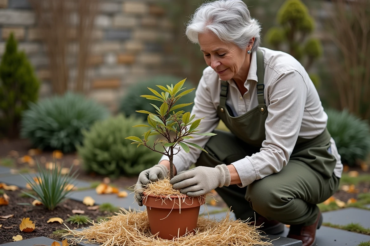 Jardiniëre protégeant une bouture de pivoine arbustive du gel avec un paillis de paille en automne